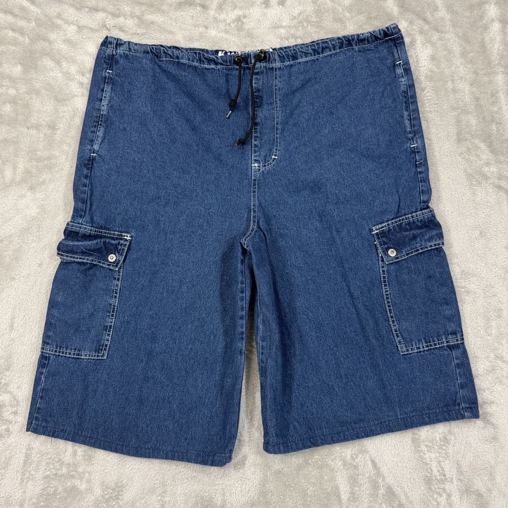 Vintage KikWear Shorts Mens Large Blue Wide Leg Baggy Cargo Big Pockets Y2K Rave